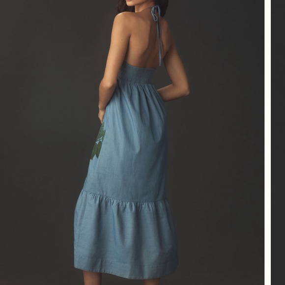 Anthropologie X Pilcro Halter Embroidered Denim Midi Dress. Size XXS/ size 4 - Picture 9 of 12